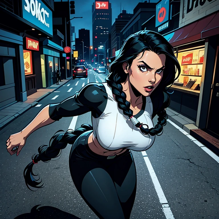 comic book, noir inspired poster with title "(change)". "(white skinned girl with long black hair with a single braid down to her waist, action scene, corpo perfeitoescult,ponto de fuga, perspectiva visao aerea, cinematic angle)". The scene should be in the distinct digital art style of comic book, with.