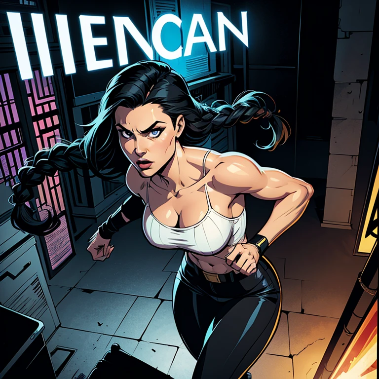 comic book, noir inspired poster with title "(change)". "(white skinned girl with long black hair with a single braid down to her waist, action scene, corpo perfeitoescult,ponto de fuga, perspectiva visao aerea, cinematic angle)". The scene should be in the distinct digital art style of comic book, with.