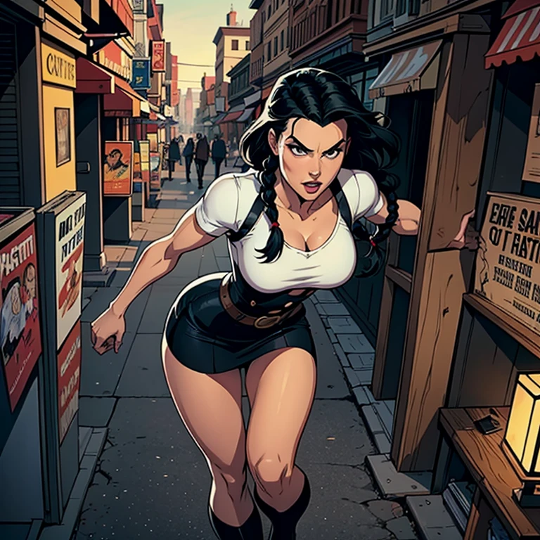 comic book, noir inspired poster with title "(change)". "(white skinned girl with long black hair with a single braid down to her waist, action scene, corpo perfeitoescult,ponto de fuga, perspectiva visao aerea, cinematic angle)". The scene should be in the distinct digital art style of comic book, with.