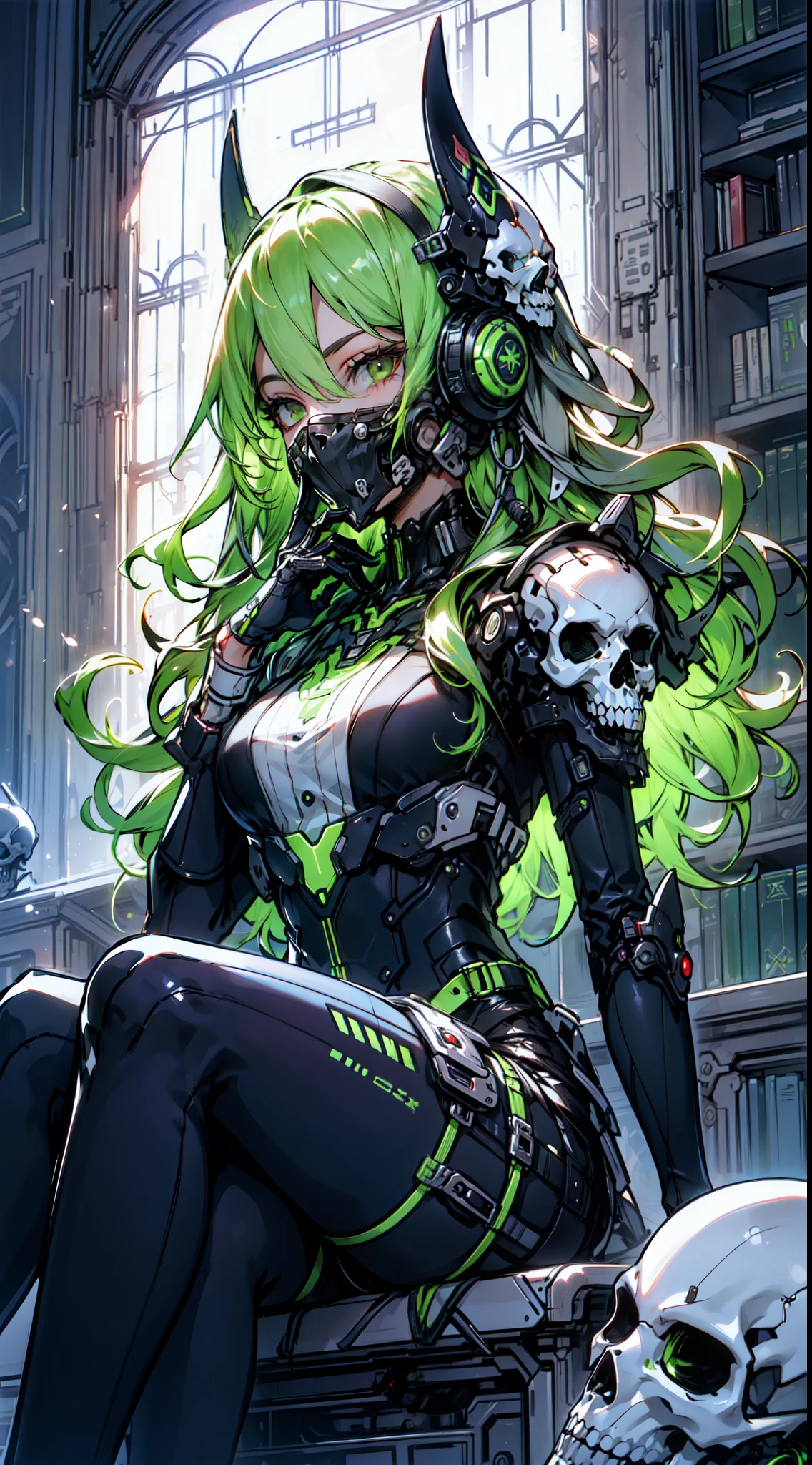 masterpiece, best quality, 1girl, sitting in library, dark green hair big hair tri braids, robot eyes, armor, CyberskullAI