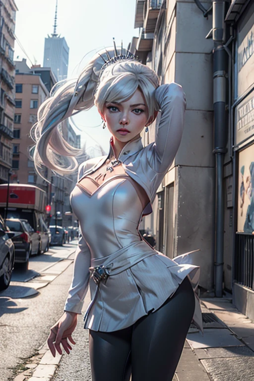 masterpiece,best quality, (weiss schnee from RWBY), (blue eyes), (long white hair), (side ponytail), (medium breasts), (weissmistral), blouse, yoga pants, jewellery, earrings, bracelet, necklace, cityscape backgroundl