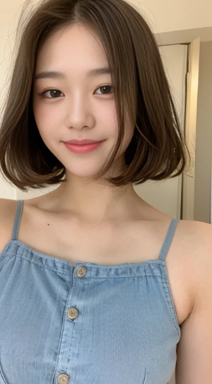 ((Best Quality, 8K, Masterpiece: 1.3)), 1 Girl, Slim Abs Beauty: 1.3, (Hairstyle Brown Hair Shortcut, Big: 1.2), Dress: 1.1, Super Slender Face, Delicate Eyes, Double Eyelids, Smile, Home, Raw Photo