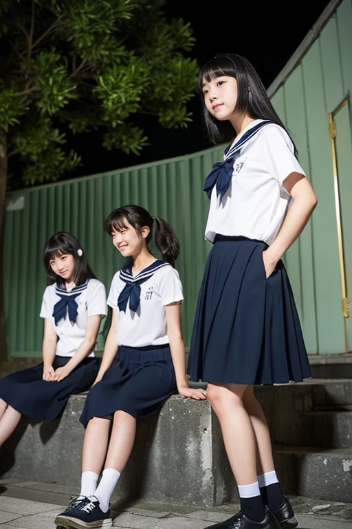 ((Inside a broken concrete building))、((four beautiful japanese girls))、a beauty girl、Cute same school uniform、Same sailor suit、Everyone sitting on camp chairs.、18year old、bangla hair straight short hair, Height 170cm、8th class、((Long skirt to hide the knees))、((long skirt))、Pitch black night、total darkness、(deep in the night)、the wind、Thin leg、((Photography equipment、Photography Staff、Reflector))、