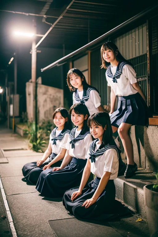 ((Inside a broken concrete building))、((four beautiful japanese girls))、a beauty girl、Cute same school uniform、Same sailor suit、everyone sitting in camp chairs.、18year old、bangla hair straight short hair, Height 170cm、8th class、((Long skirt to hide the knees))、((Navy long skirt below knee length))、Pitch black night、total darkness、(deep in the night)、the wind、Thin leg、((Photography equipment、Photography Staff、Reflector))、