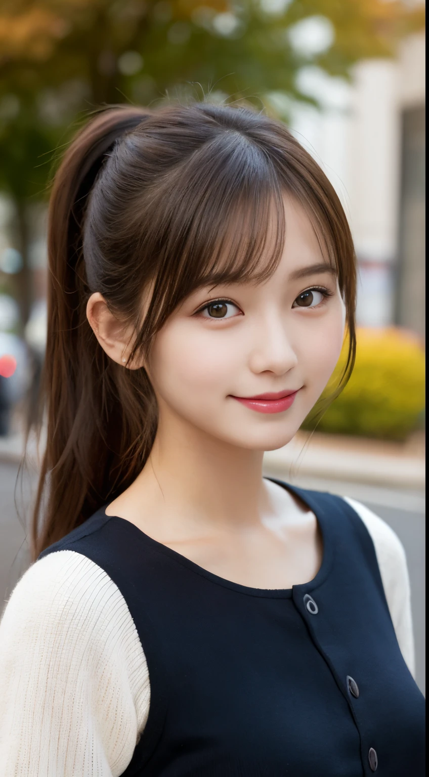 masutepiece, Best Quality, Illustration, Ultra-detailed, finely detail, hight resolution, 8K Wallpaper, Perfect dynamic composition, Beautiful detailed eyes, Autumn Women's Fashion,Ponytail hair,Small breasts natural color lip,Smile,Harajuku、20 years girl、Cute、is looking at the camera