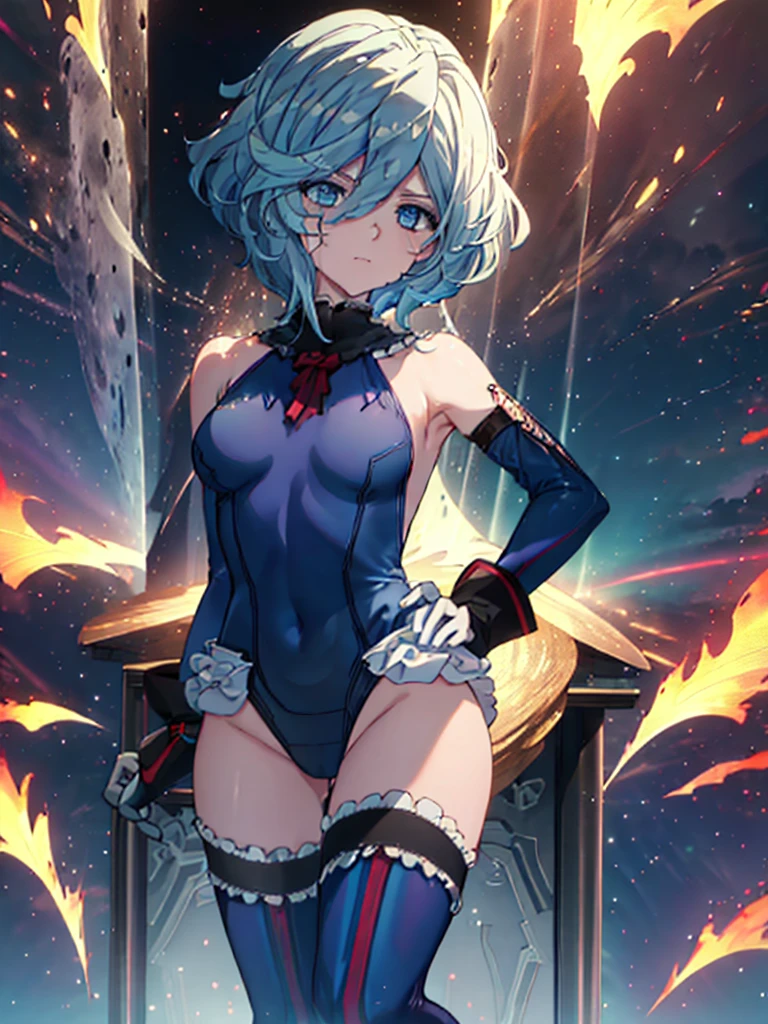 Blue leotard,highleg,Above the city, Preparing for battle, Detailed art photos, beautifull detailed face, Dreamy, blazing, Back lighting, Glamour, Glow, shadowy, oil on canevas, brushstrokes, Soft, Ultra high definition, 8K, unreal enginee 5, Ultra Focus Sharp, ArtGerm, Roisch, nffsw, intricate art masterpiece, Menacing, Matte Paint Movie Poster, Golden ratio, CGsociety trend, Convoluted, epicd, Highly detailed, Vibrant, production cinematic character render, Quality model ultra-high,