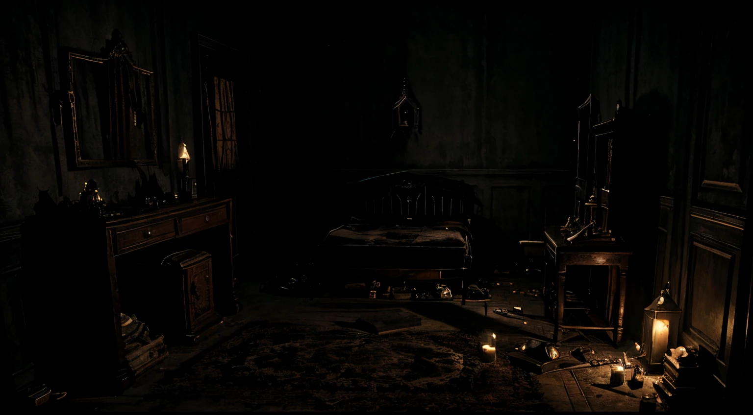 Macabre room with voodoo objects, dark and macabre Resident Evil mansion-style environment and alone in the dark. Dirty bed, and sinister horror-style room. No characters in the scene. 4 angle views of the same scene.