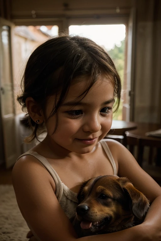 Desenvolva uma imagem digital de alta qualidade, with advanced levels of detail and a cinematic style, depicting a charming scene of a child playing with a dog. Capture the innocence and joy of the moment, destacando os sorrisos contagiantes, the texture of the dog&#39;s fur and the details of the child&#39;s facial expressions. Use cinematic lighting to create a warm, welcoming atmosphere, ressaltando as nuances de luz e sombra na cena. Make sure the image conveys the authenticity and tenderness of the bond between the child and the dog, providing an immersive and emotionally engaging visual experience.