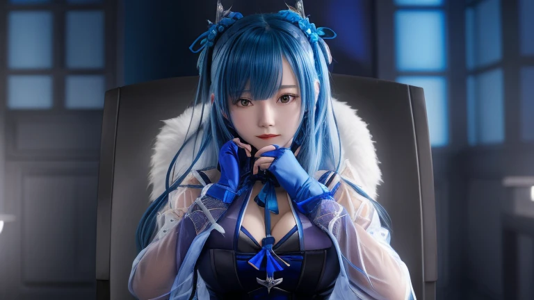 Half-twin tails with blue hair、Purple Mesh、Black-purple clothes、Background bar
