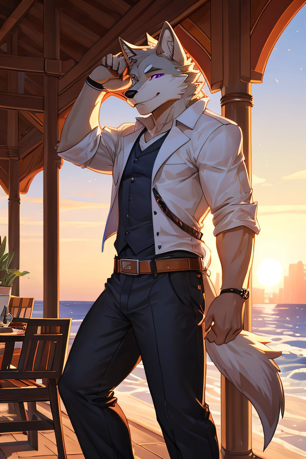 (Best quality), 1 male human,anthropomorphic turtle, white wolf, a purple eye, White fur, civvies, Muscular, shorter pants, goodlooking, Smiling, cool-pose, sunset backdrop