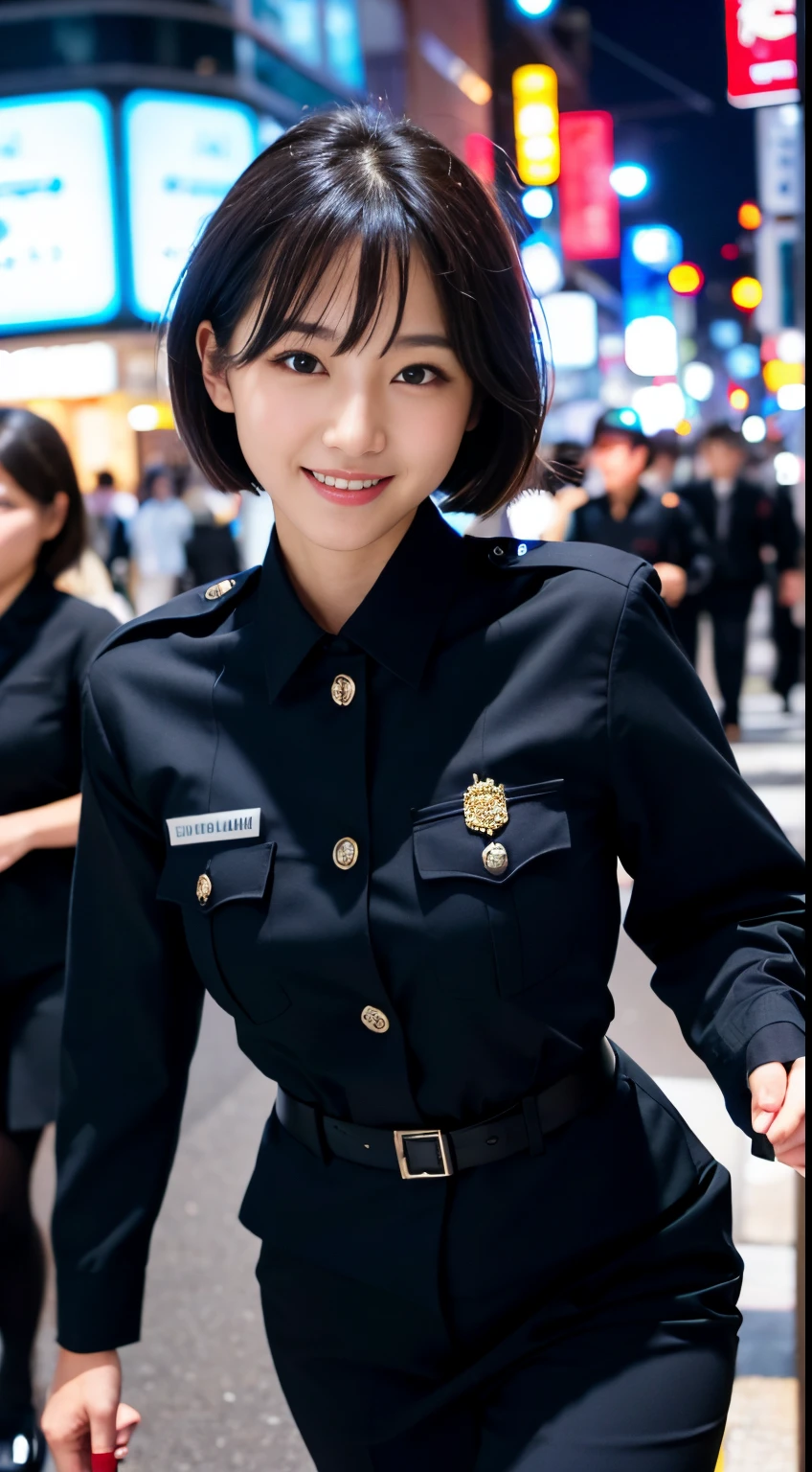 Masterpiece, Best-quality, RAW-photo, Ultra-High-Resolution, Photorealistic,
(Anatomically correct, 16-years-old, viewer's lover, She truly loves viewers, baby face, cute face, Perfect body, slim waist and busty body, Slender legs, Large breast, Realistic skin, angle from below, Show your whole body style),
((Wear Police officer uniform, female police officer, Restricted cap, dress shirt, light blue dress shirt, navy blue tie, belt, black tight skirt:1.3)),
(maiko, Round face, Black hair, Moist eyes, Shining eyes, Short bob cut, Bangs, Down-slating eyebrows, one little earring, Light blush),
(salute, turn body forward, Look at the viewer, See photographer, ),
(sensual smile, parted lips, Squint your eyes and smile, stick out your tongue),
(in front of the police car),
Natural lighting, full length,