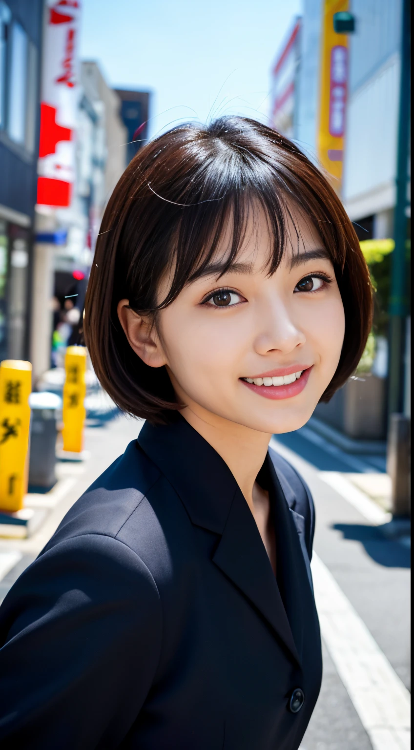 Best-quality, Masterpiece, Ultra-High-Resolution, (Photorealistic:1.4), Raw-Photo, Extremely-Details, Perfect-Anatomy, Ultra-detailed, 1girl, the most famous Japanese actress in Japan, grinning, wearing formal Japanese-police-uniform, running through Hiroshima's main street, extremely beautiful face like the most popular Japanese actress in Japan, extremely beautiful big black eyes, extremely beautiful black solid circle eyes, extremely beautiful black short-cut-haired, detailed Japanese-policewomen's-uniform, detailed Hiroshima's main street, detailed beautiful face, detailed beautiful big black eyes, detailed beautiful black solid circle eyes, detailed beautiful black short-cut-haired