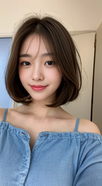 ((Best Quality, 8K, Masterpiece: 1.3)), 1 Girl, Slim Abs Beauty: 1.3, (Hairstyle Brown Hair Shortcut, Big: 1.2), Dress: 1.1, Super Slender Face, Delicate Eyes, Double Eyelids, Smile, Home, Raw Photo