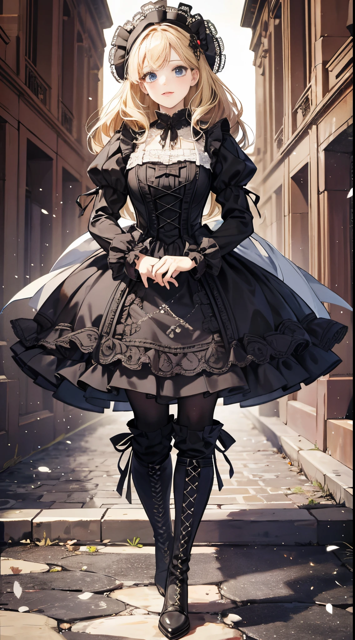 A woman in a dress and boots is standing in front of a building, baroque dress, in detailed steampunk dress, an elegant gothic princess, victorian gothic ta fashion, Historical Baroque Dress Dark, black gothic loliress, fantasy style clothing, rococo dress, black rococo, classical witch, fantasy outfit, wearing a gothic dress, romantic dress, gothic dress,a blond