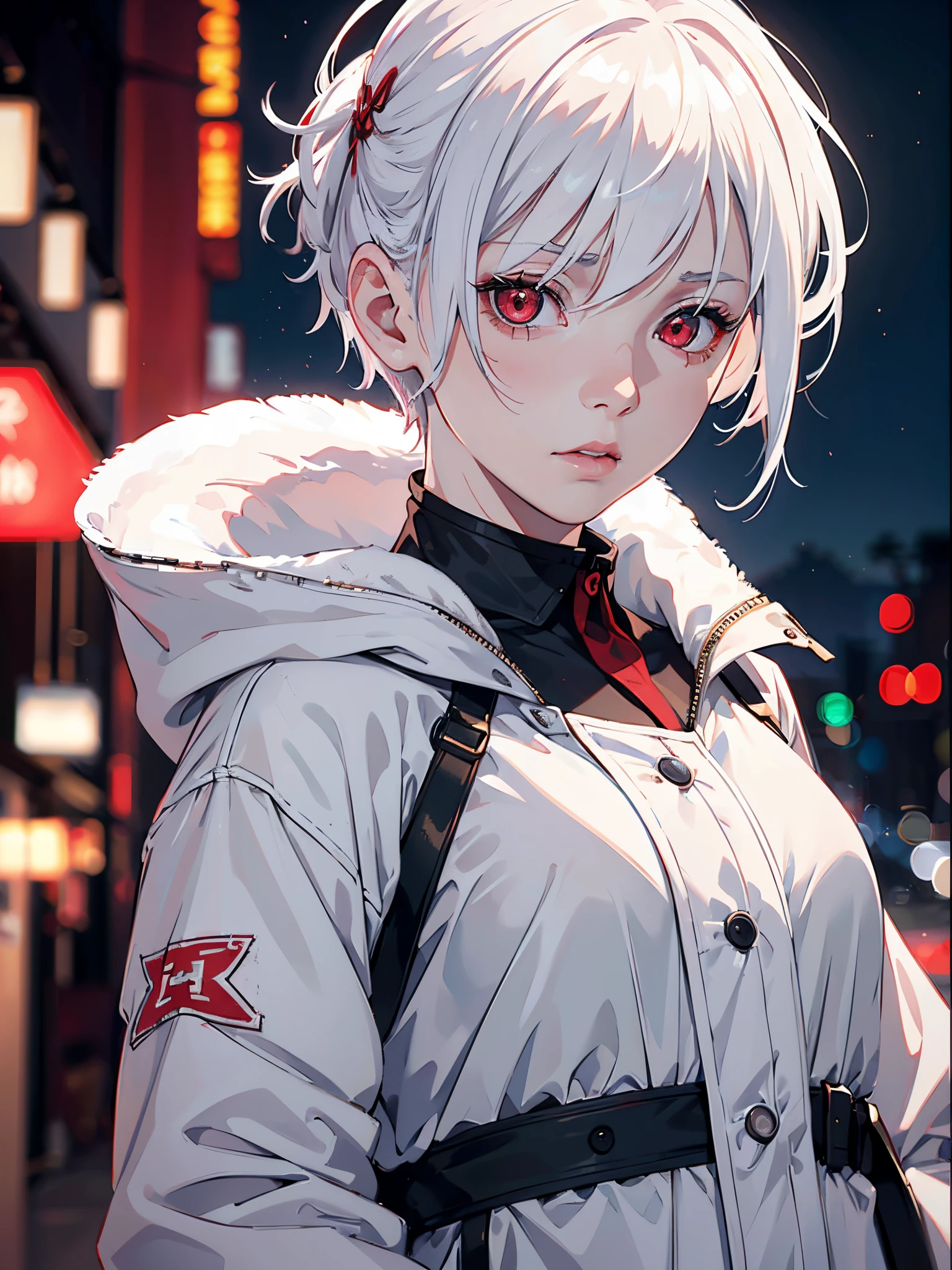 1girl,Albino, cute, white hair, short hair, beautiful, long hair,red eyes, wearing a jacket, hair with a ribbon,night light ((8k, UHD, ultra realistic))?