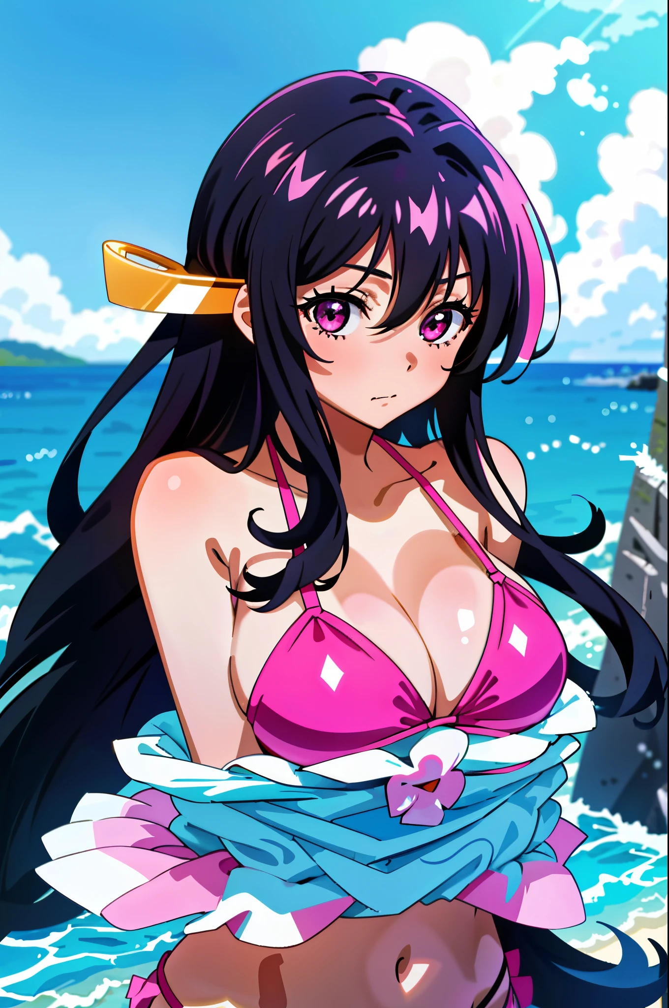 masterpiece, best quality, 1girl, looking at viewer, cute, bikini, (seascape), large breasts, pink eyes, himejima akeno, black hair, long hair, beautiful detailed eyes, beautiful detailed glow, lots of glow, arms behind head, embarrassed, (upper body:1.4)