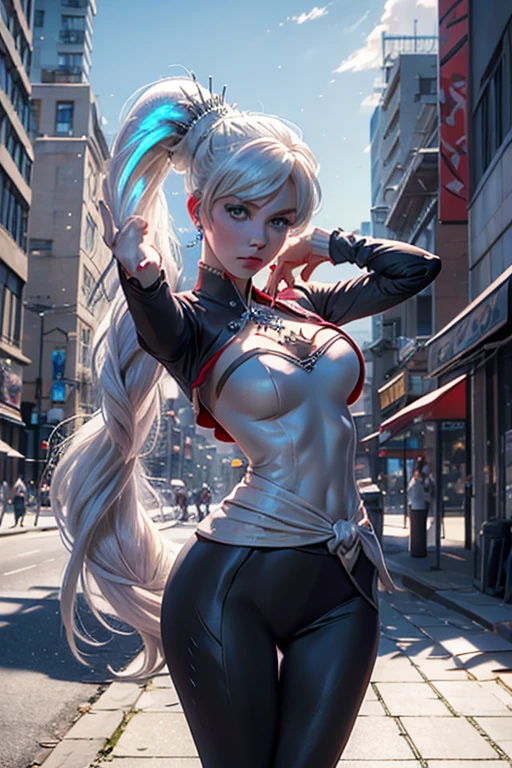 masterpiece,best quality, (weiss schnee from RWBY), (blue eyes), (long white hair), (side ponytail), (medium breasts), (weissmistral), t-shirt, yoga pants, jewellery, earrings, bracelet, necklace, cityscape backgroundl