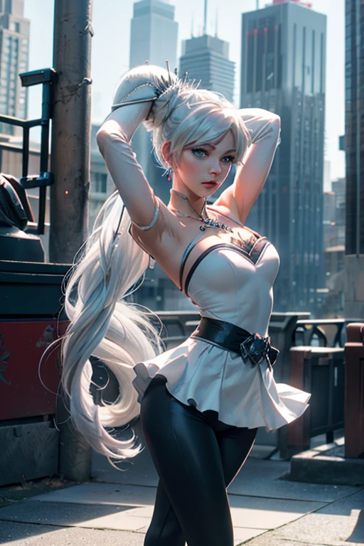 masterpiece,best quality, (weiss schnee from RWBY), (blue eyes), (long white hair), (side ponytail), (medium breasts), (weissmistral), t-shirt, yoga pants, jewellery, earrings, bracelet, necklace, cityscape backgroundl