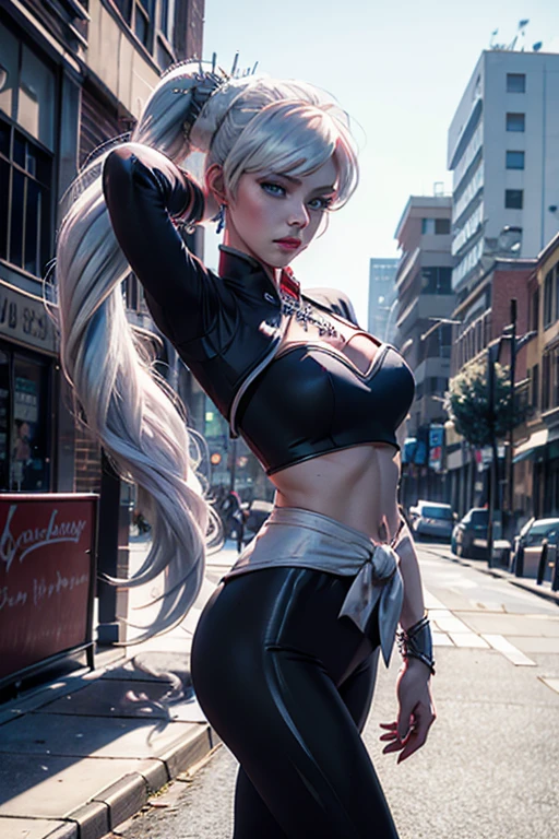 4k, realistic, carismatic, very detail, there is a girl on top city, wearing spiderman costum, she is a spiderman, white super hero theme, white long hair, 25 years old, full body