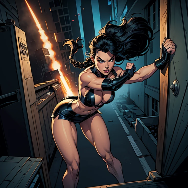 comic book, noir inspired poster with title "(change)". "(white skinned girl with long black hair with a single braid down to her waist, action scene of a fight against a fighter who shoots her arm like a rocket, corpo perfeitoescult,ponto de fuga, perspectiva visao aerea, cinematic angle)". The scene should be in the distinct digital art style of comic book, with.