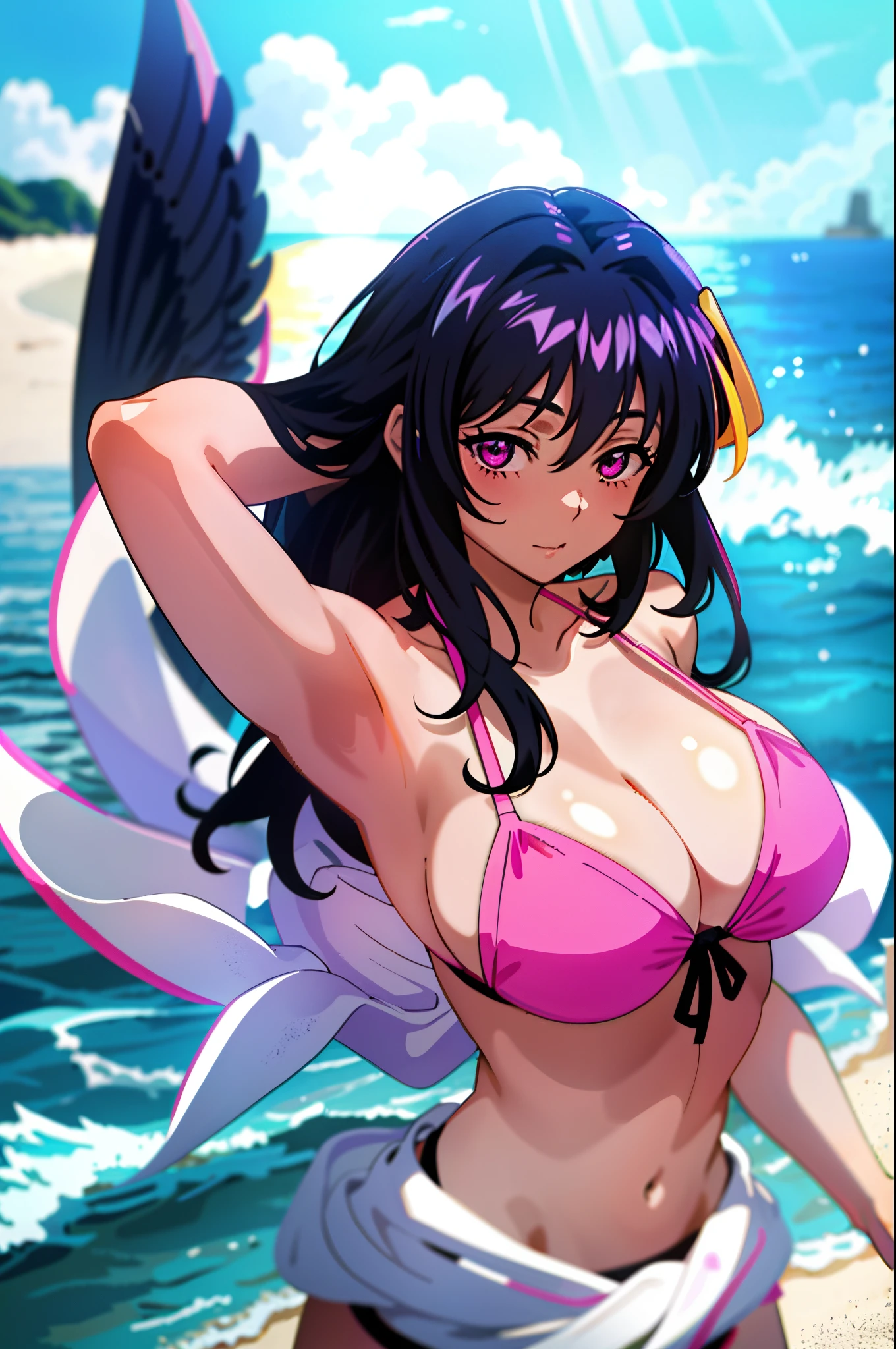 masterpiece, best quality, 1girl, looking at viewer, cute, bikini, (seascape), large breasts, pink eyes, himejima akeno,  black hair, long hair,  beautiful detailed eyes, beautiful detailed glow, lots of glow, arms behind head, embarrassed, (upper body:1.4)