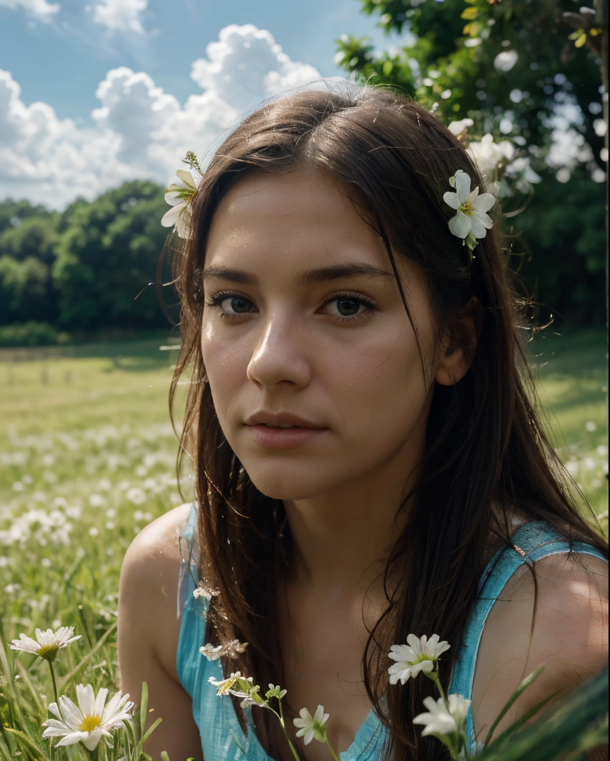 Summer Wallpaper, Grass, Few Flowers, Big Clouds, Blue Sky, Hot Weather, HD Detail, Moist Watermark, Ultra Detail, Film, Hyper Realism, Soft Light, Deep Focus Bokeh, Ray Tracing, and Hyper Realism.Photo Movie RealisticV1.1