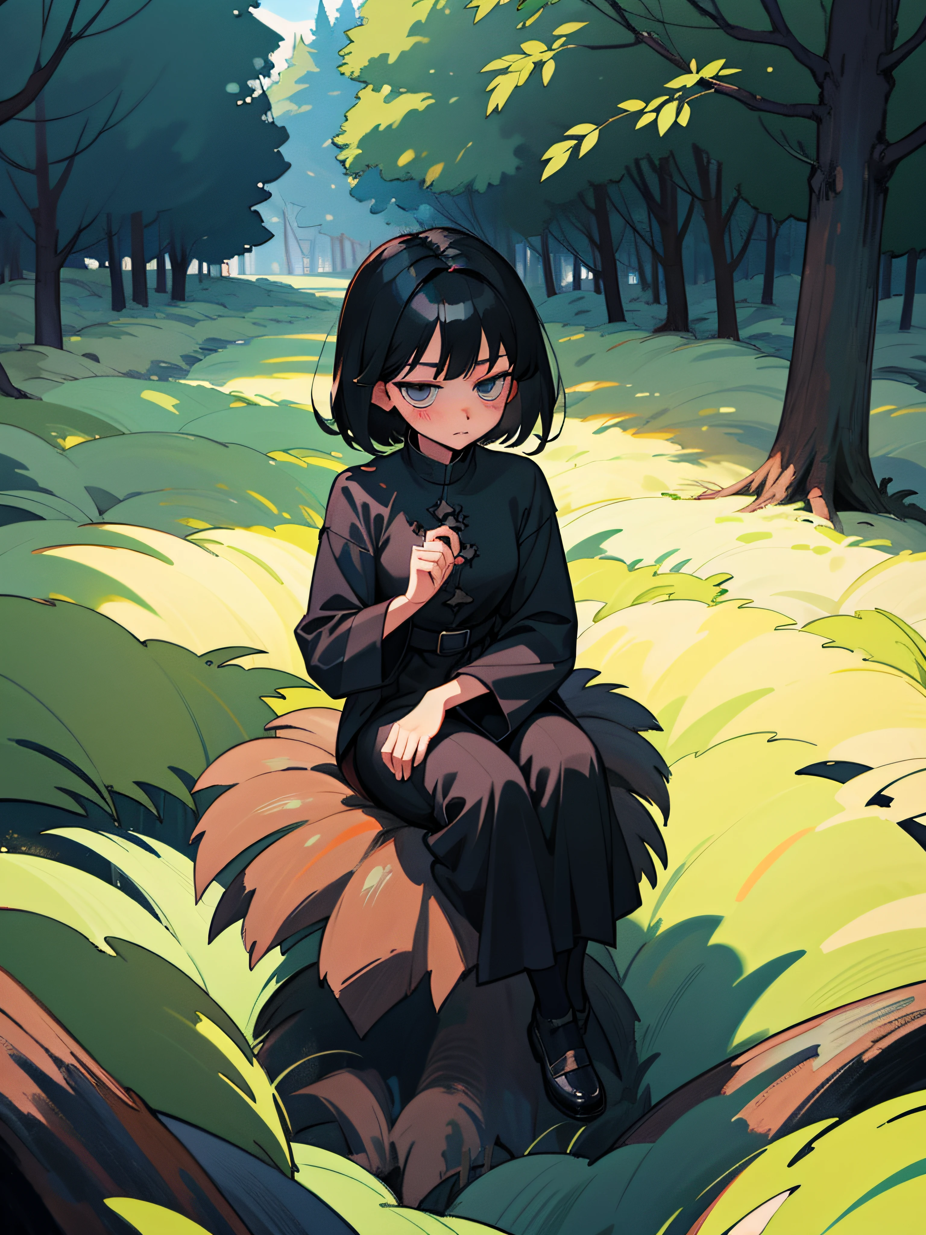 Woman with short black hair、Black Witch Clothes、Katyusha、in woods、sitting on、looks like kiki
