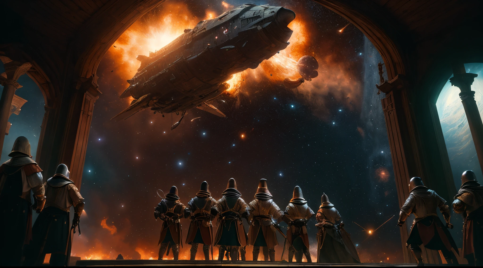 extremly intricate, cinematic lighting, chiaroscuro, masterpiece, Best quality, award winning, UHD , ((medieval times)), (Starship), war , explosion , in space , no human