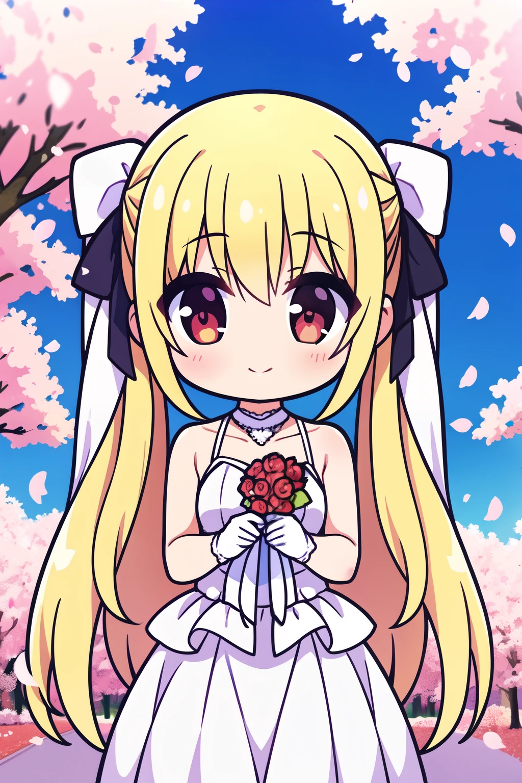 1 girl, Long yellow hair pigtails, red eyes with slit pupils, Small breasts, ​master piece, Best Quality, Proportional body, Proportional, Wedding Dresses, white wedding dress, Long skirt, Wedding, Under the cherry blossom tree background, Cherry blossom petals are falling, plein air, Wedding, Upper body, The sky is beautiful, Both hands hold a bouquet of flowers, White Gloves, Make eye contact with the camera, (light_Smile:1.5), (Detailed hands and fingers:1.2)