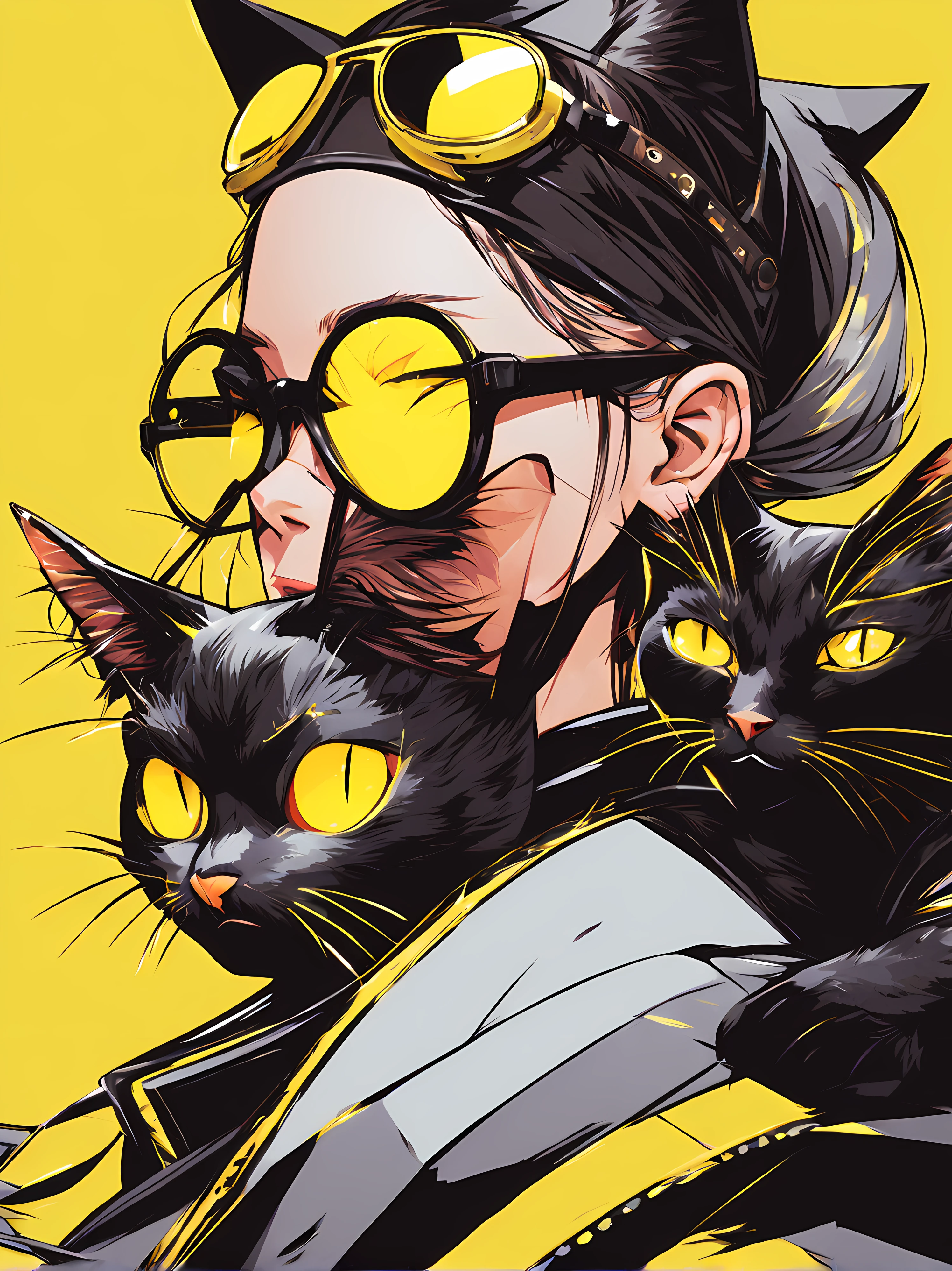 Anime girl wearing sunglasses on her hair, Guviz style artwork, Digital illustration style, Anime style illustration, Anime style 4k, yellow-eyed, eyes glowing, Beautiful young catwoman, style of anime. 8K, cat woman, by Qu Leilei, author：heroes, persona 5 art style wlop