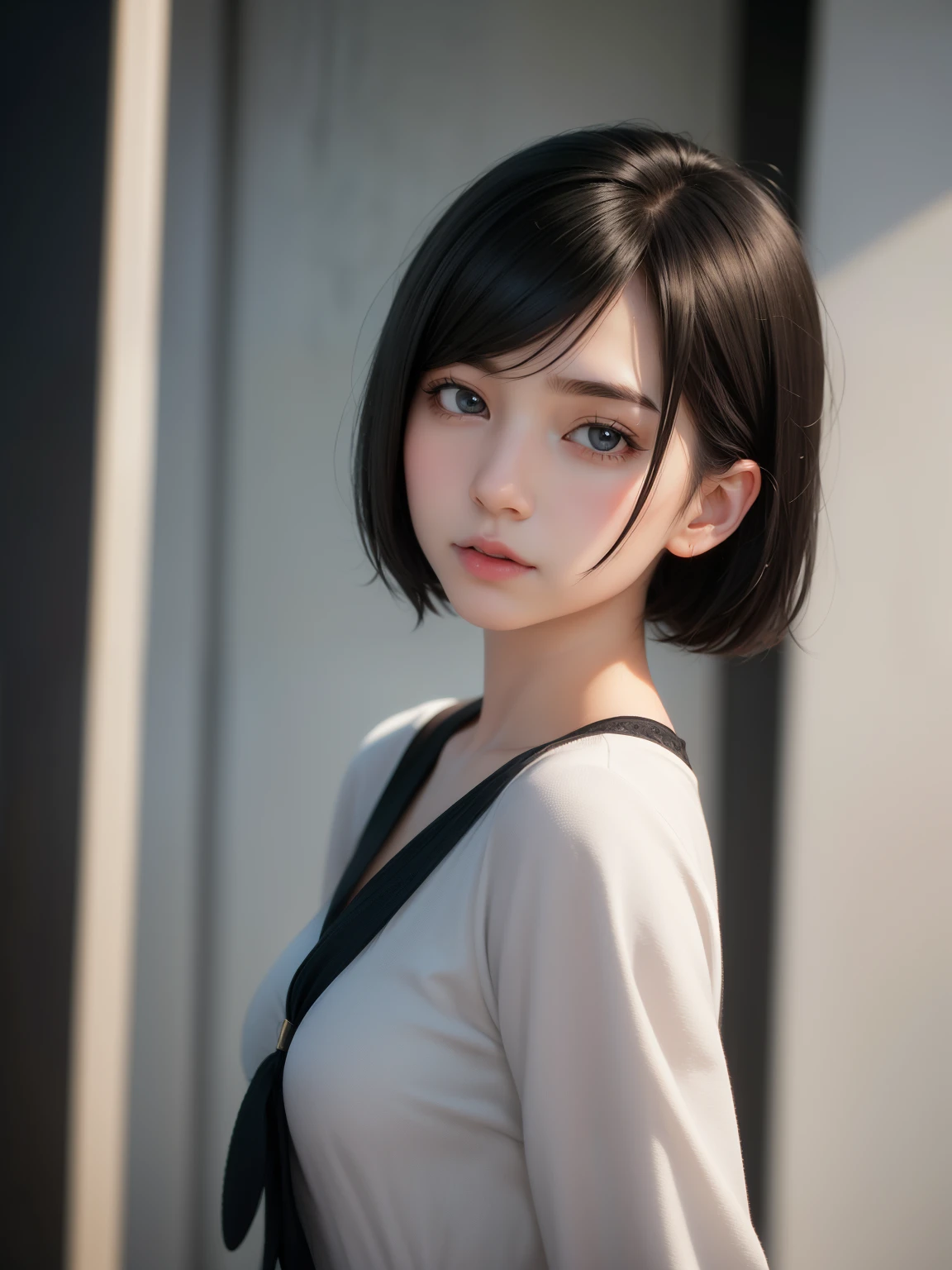 1girl, black hair, A-line short hair, grey eyes, detailed eyes, solo focus, simple background, female focus, solo, standing, , portrait, kotori, (masterpiece:1.0), (best quality:1.0), (8k wallpaper:1.0), (beautiful detailed face:1.0), (detailed deep eyes),  deep eyes,looking at viewer,