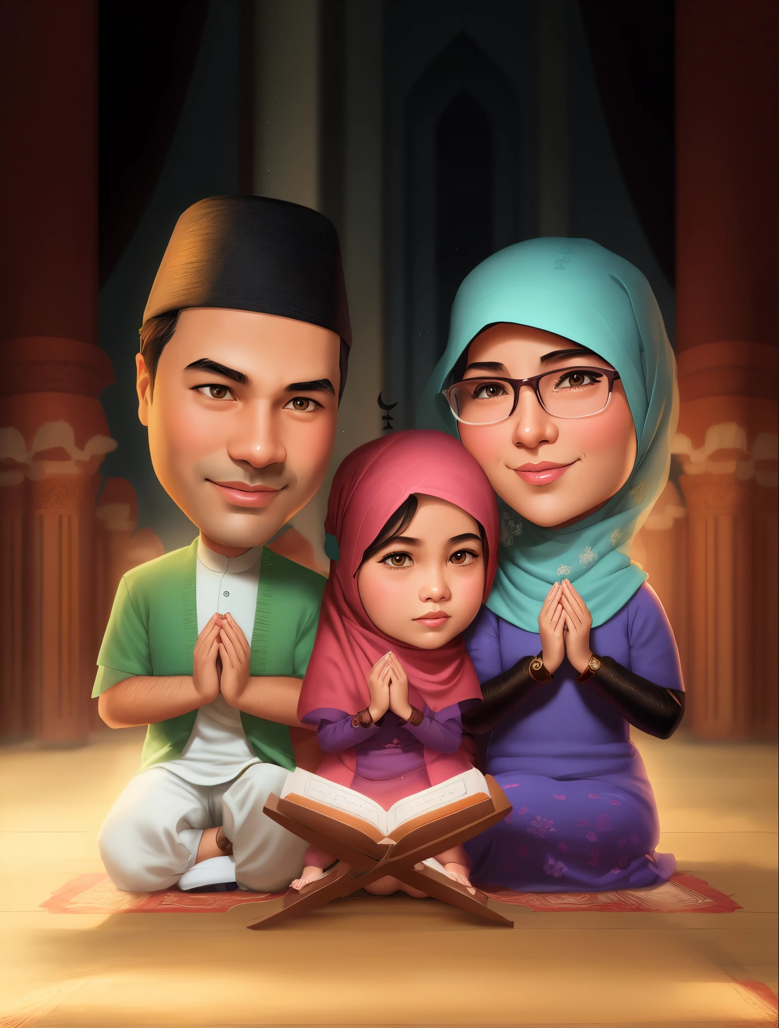 cartoon of a muslim family reading a Koran together, Background inside the mosque, caricature illustration, an indonesian family portrait, happy family, full protrait, family, potrait, cartoon digital painting, cartoon style illustration, caricature style, digital cartoon painting art, by Abidin Dino, portrait shot, illustartion, caricature, family portrait, children, 1 0 0 1 night, cartoon digital art