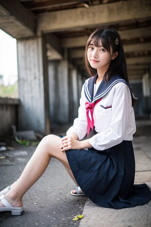 ((Inside a broken concrete building))、((Photography equipment、Photography Staff、Reflector))、((four beautiful japanese girls))、a beauty girl、Cute same school uniform、Same sailor suit、person sitting on a folding chair々.、Eating sweets、18year old、bangla hair straight short hair, Height 170cm、8th class、((Long skirt to hide the knees))、((long skirt))、Pitch black night、total darkness、(deep in the night)、the wind、Thin leg、
