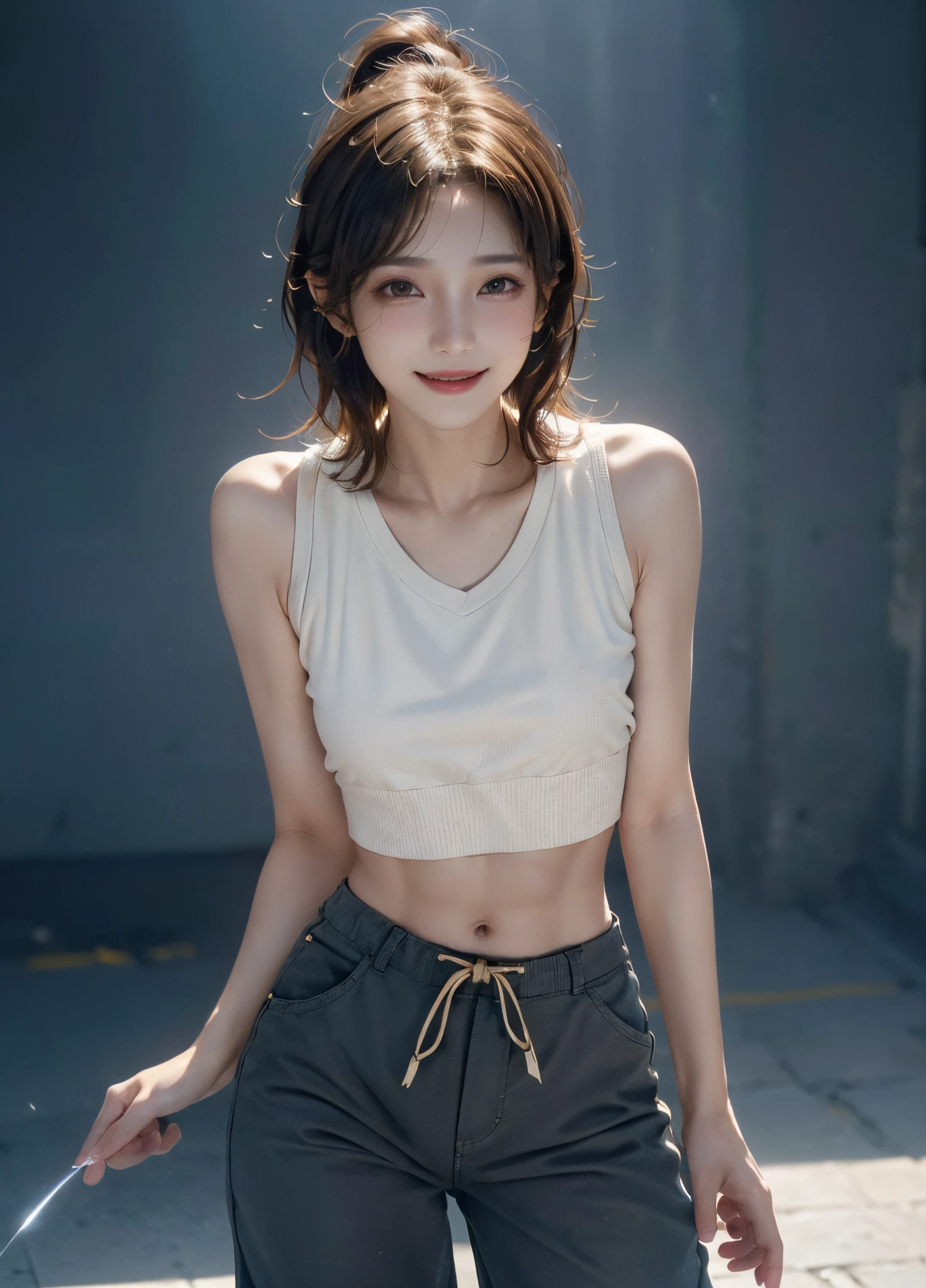 ((middlebreast, Tomboyish, small heads)), sunlights, rays of sunshine, (Well-defined abs: 1.1), (perfect bodies: 1.1), (short and wavy hair: 1.2), yellow-brown hair, fully body photo, crowding street, Wear a white vest, ((shorter pants)), (极其细致的CG 8k壁纸), (Extremely Delicately Beautiful), (tmasterpiece), (Best quality at best: 1.0), (超A high resolution: 1.0), beautiful light up, Perfect lightning, realistic shaded, [A high resolution], delicate skin, ultra - detailed, Enchanted smile