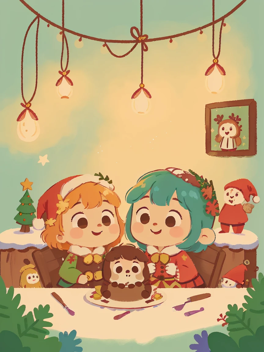(Best quality, 8K, A high resolution, tmasterpiece:1.2), ultra - detailed, (actual, realistically:1.37), Vibrant colors, Magical atmosphere, Whimsical, ((sky full of stars,The North Star shines)),(((Use an illustration style), The room is decorated with a strong Christmas atmosphere. A string of shining colored lights hangs on the wall, Christmas wreath and little snowman on the windowsill, In the corner of the room stands a beautifully decorated Christmas tree. On a table, There are beautiful cutlery and red plates. In the center of the table, Have a sumptuous Christmas feast, Next to it is a bottle of red wine and two exquisite wine glasses. (((A male and female couple wearing Christmas costumes cuddling together))), Smiling and looking at each other,Eyes full of happiness and warmth. There are several scented candles lit in the room, It exudes a faint fragrance. Warm fire burning in the fireplace, Brings warmth and comfort to the entire room, Surreal, Psychedelic, Complicated details, Beautiful texture, Ethereal, like a dream, Soft glowing light, Charming Patterns, Fantasy creatures, Hidden surprises, dreamlike landscapes, Surreal color palette, Mystic aura, hyper realisitc, Enchanting journey, psychedelic trip, vivid imagination, immersive experience, Mysterious Christmas, otherworldly charm, glowing paths, Light up a magical Christmas, surreal sky, Whimsical themed festivals, a magical encounter, Fascinating artwork,(Ghibli-style colors, first person perspective, hyper HD, tmasterpiece, acurate, Anatomically correct, ctextured skin, super detailing, high detal, high qulity, Award-Awarded, Best quality at best, 8K)