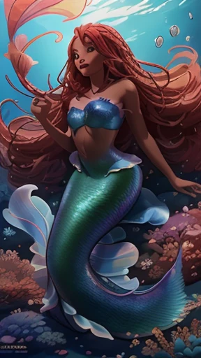 "Generate an image of a black girl version of Disney's 'The Little Mermaid' with long, flowing red dreadlocks. Place her in an immersive and captivating sea setting, emphasizing the beauty and allure of the underwater environment. The mermaid should exude a sensual and elegant vibe, combining elements of fantasy and allure. Capture her in a dynamic pose that showcases her enchanting presence, while maintaining the essence of the beloved character. The image should be highly detailed and rendered using photorealistic techniques, ensuring the perfect balance of realism and artistic interpretation. Utilize a long shot or medium shot to encompass both the mermaid and the surrounding sea environment. Optimize the image's resolution to be high, preferably 4K or 8K, to bring out the intricate details of the scene. Consider using cinematic styles and lighting effects to enhance the visual impact. Use the Canon EOS R6 Mark II camera with an EE 70mm lens for optimal clarity and depth. Render the image using Unreal Engine 5 and apply the Octane render plugin to achieve a stunning and lifelike result."