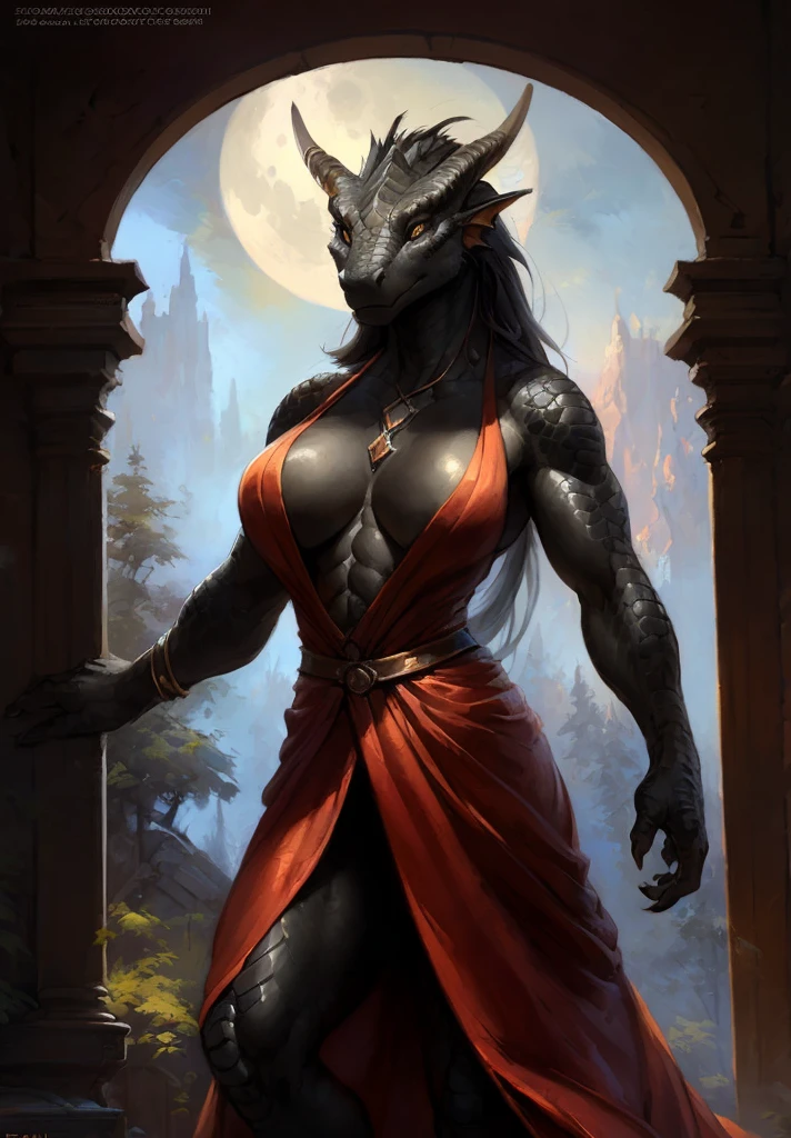 Dragon girl, big chest, day, sexy, sensual, detailed, uploaded to e621, beautiful and detailed portrait of an powerful anthropomorphic dragon ((female))) kenket, ross tran, ruan jia, uploaded to e621, zaush, foxovh, scalie, silver scalie, movie lighting, standing, moon lights, open legs, long hair, muscular, large breats, epic realism, Black skin, Red dress, Large neckline, full body