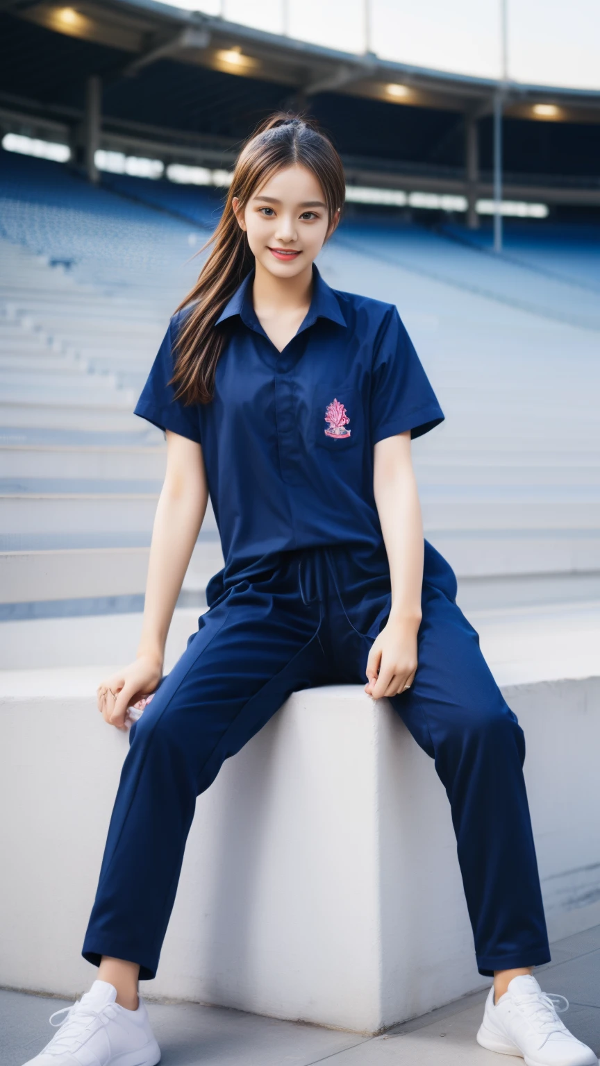 (bestquality,10,10,highres,masterpiece:1.2),ultra-detail,(Realistic,photorealistic portrait,photo-realistic:1.37),1 cute girl sitting on the football field,oily shiny skin,bara,light smile,BDclothelue shirt:1.3)),short sleeves,shirt, trousers.,(navy_long_Pants Track:1.1), ((Stadium Background:1.3)),dynamic angle,excited,face focus,Dynamic Poses,from behide,Ass Focus,masterpiece, bestquality, ultra realistic, hyper-detail, 8k resolution, RAW photo, crisp focus, ((Navy blue shirt:1.1)), short sleeves, Long Path, Perfect body, 2 mature women, 18yo, cinematic light,Blue sweatpants,Gymware,Correct anatomy,Complete body, Correct body, sharp face, Anatomically correct body, full entire body, Realistic gestures, long-haired, Realistic poses,Wear long shorts......................,Long leg span,Shapely,Sculpting Girl, Slender Figure, mannequin mannequins, Shapely, Beautiful body,Blue sweatpants