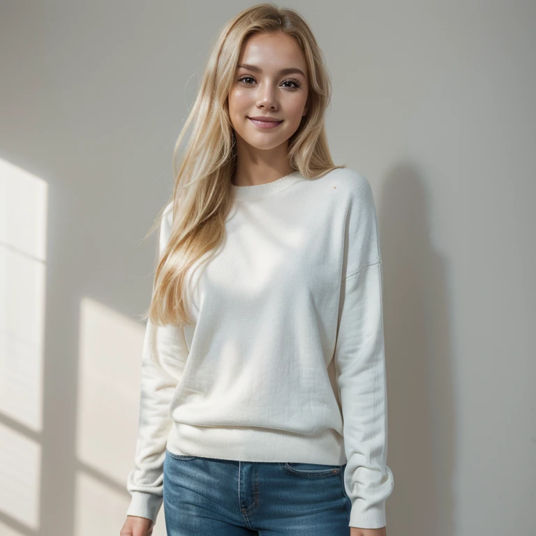Masterpiece, best quality, (very detailed CG unity 8k wallpaperest quality), (best illustrationest shadows), 25 years old girl, blonde hair, face perfect, white sweater and blue jeans, inside photo studio, standing, blurred background, Film Lighting, full body shot, smiling, Dramatic light, photo from side,