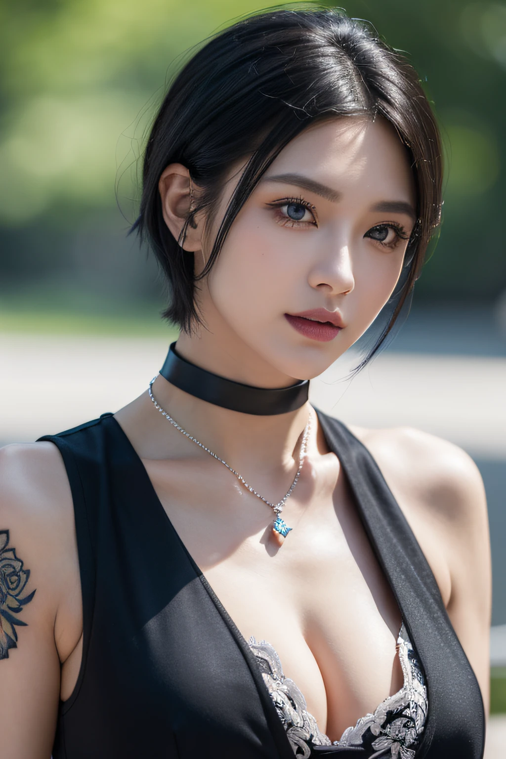 tmasterpiece, Best quality at best, high qulity, Very detailed CG8k wallpaper, 1个Giant Breast Girl, Alone, Blue hair, Tattooed with, short detailed hair, has cleavage, jewely, ssmile, choker necklace, looking at viewert, has cleavage, actual, with her mouth open, teeth, The upper part of the body, vests, nase, of shoulders, artistname, Black tiara, 鎖骨, arm tattoos, eBlue eyes, cparted lips, bblurry, oil painted, award winning photography, bokeh, depth of fields, HighDynamicRange, full bloom, color difference, Realistis, The is very detailed, artstation intricate, high detal, dramatics, halfway art