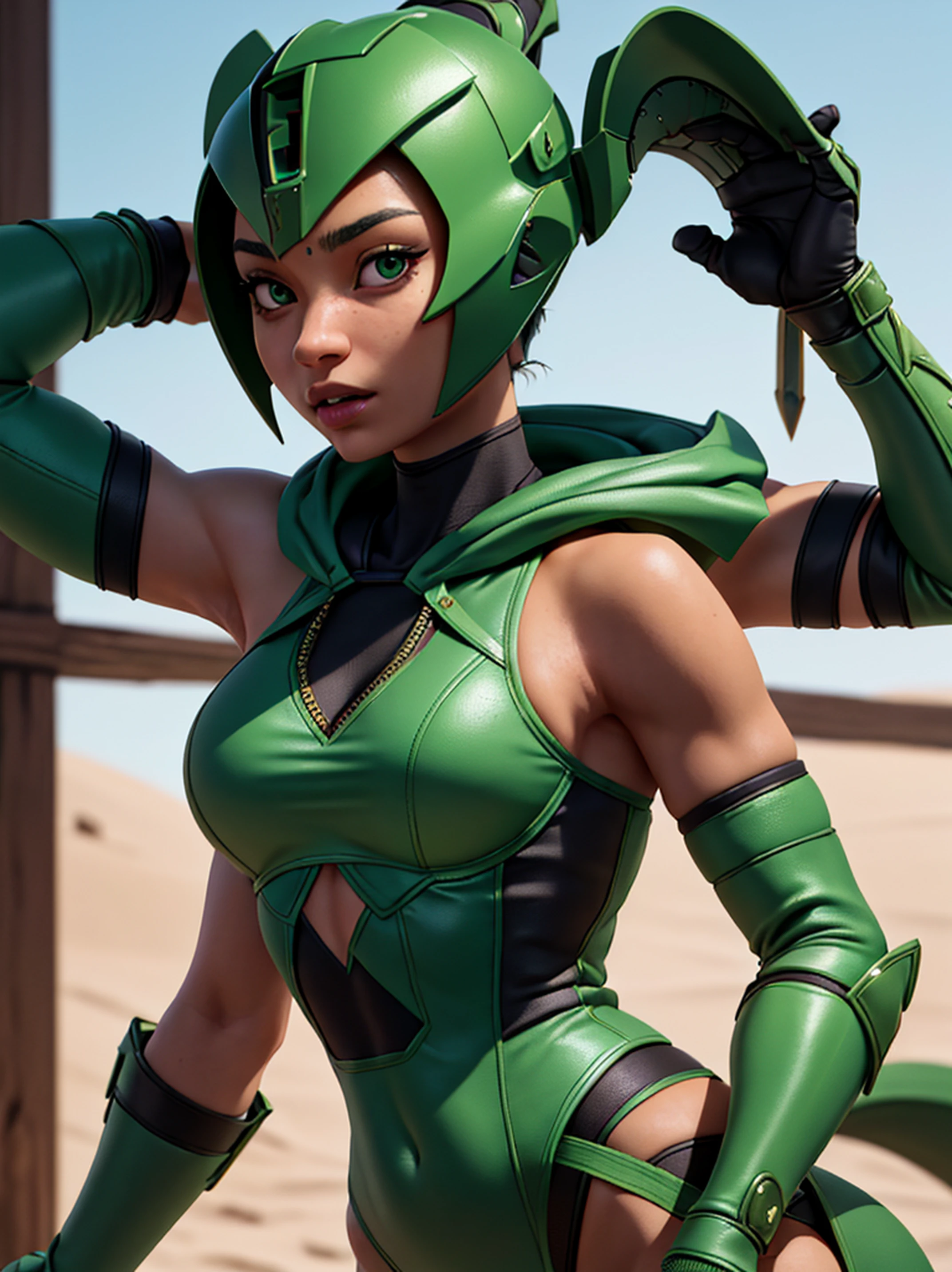 Cinematic soft lighting illuminates a stunningly detailed and ultra-realistic a close up of Tati Gabrielle in a green outfit with a hood on, mortal kombat 11, Jade from mortal kombat, in mortal kombat, mk ninja, wearing green armor and helmet, akali, fujin, that is trending on ArtStation. Octane is the perfect tool to capture the softest details of this 16k photography masterpiece