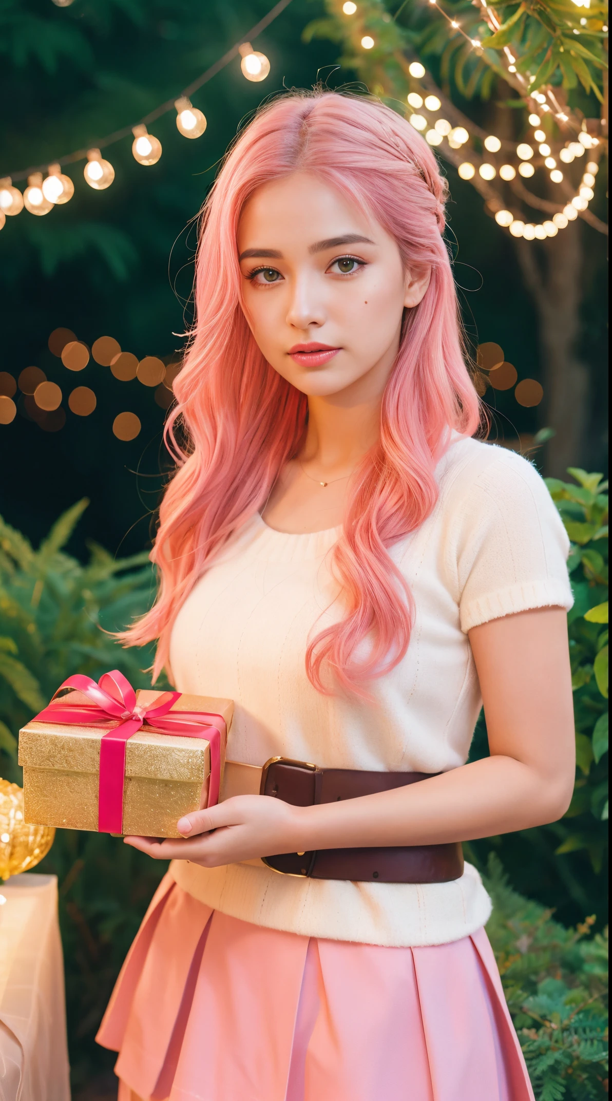 realistic portrait photo of beautiful woman with pink hair, hair roots slightly faded, Indian, influencer, light freckles, brown eyes, no makeup, instagram,high qulity,ultra - detailed,(actual,realisticlying,Photorealistic,,full bodyesbian,20 year old innocent girl,Red skirt,Gift box,Colorful lights,vivd colour,,gentlesoftlighting,Fantastical Atmosphere,in a box,Gift box,