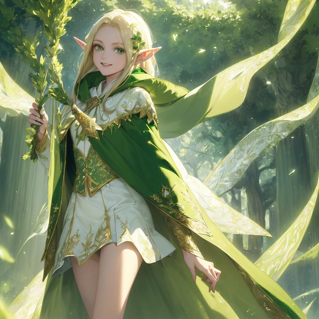 (((Masterpiece, highest quality, high definition, high detail)))), ((((Fantasy))), one, (Elf woman)))), (short skirt white with gold embroidery), (blonde long straight hair), (glossy dark green eyes), (green surcoat embroidered with gold), (((Richly decorated green cloak)), tilting the head, smiling, (breeze), particles of light flying