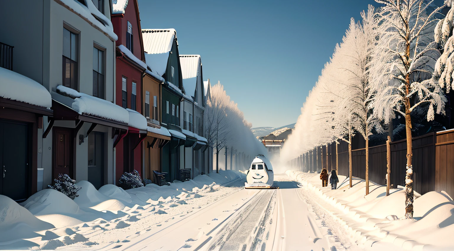 Outdoor snow view,Several people are clearing the snow on the road. There is a little snowman in the corner of the picture. Hand drawn poster horizontal version is .