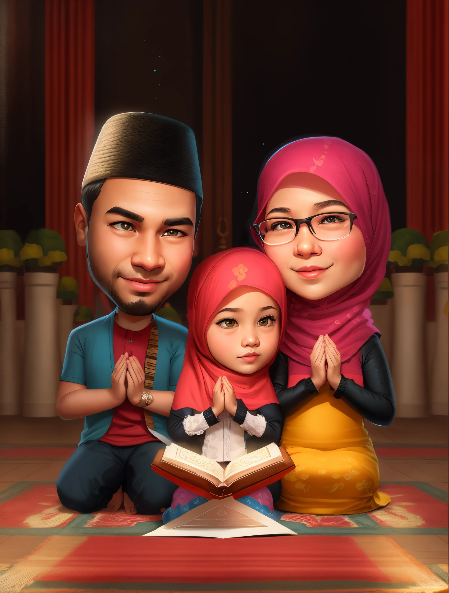 cartoon of a muslim family reading a Koran together, Background inside the mosque, caricature illustration, an indonesian family portrait, happy family, full protrait, family, potrait, cartoon digital painting, cartoon style illustration, caricature style, digital cartoon painting art, by Abidin Dino, portrait shot, illustartion, caricature, family portrait, children, 1 0 0 1 night, cartoon digital art