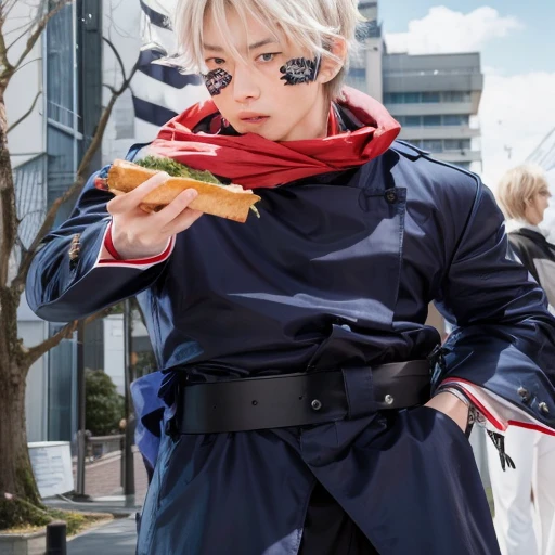 a close up of a person holding a sandwich near a tree, official art, ginko showing a new mushi, hijikata toushirou of gintama, gendo ikari smoking a joint, inspired by Junpei Satoh, shuushuu anime image, okita sougo, sankakucomplex anime image, kazuma kaneko