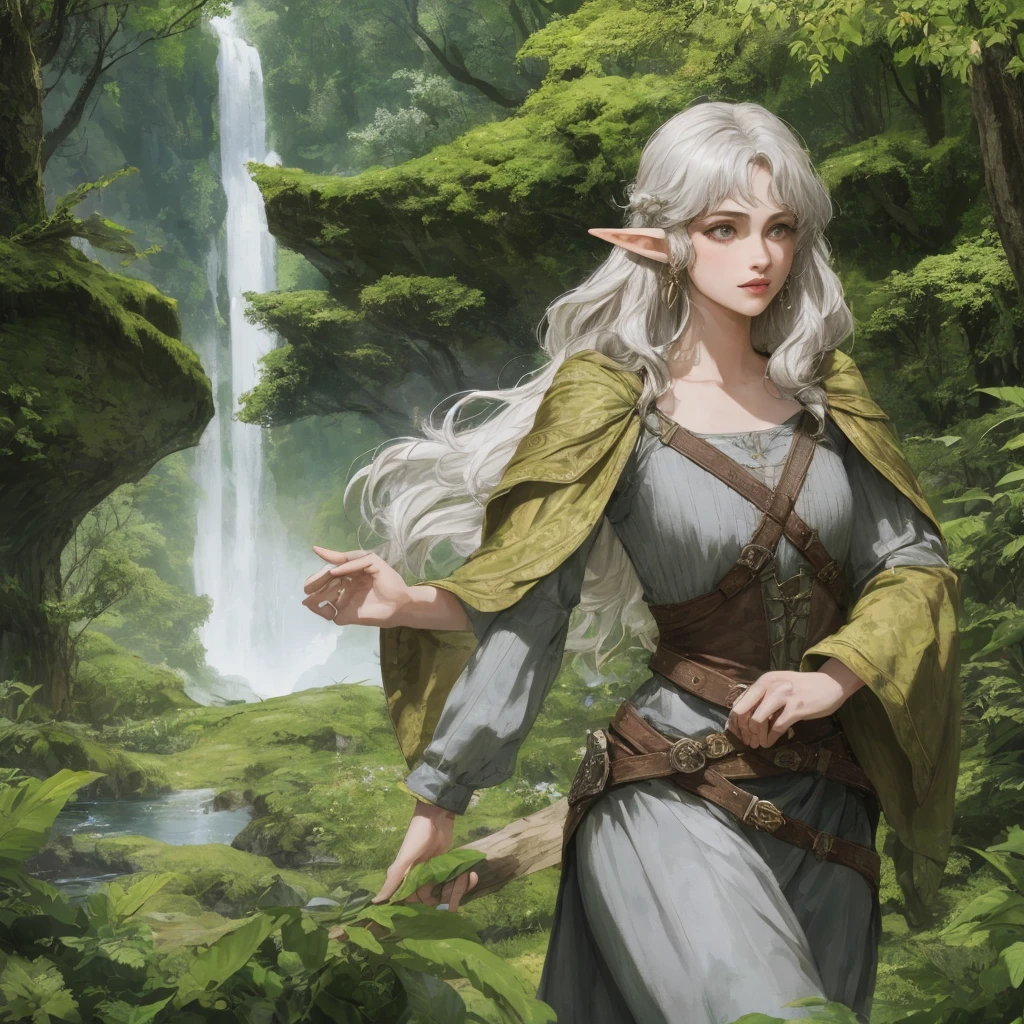 1 girl,solo, middle earth, Hobbit Inspiring their allies with rousing music, Luminary, Average Height, Firm, Round Face, Olive Skin, White Hair, grey Eyes, [[Curved Nose]], Pouty Lips, Prominent Chin, Shoulder-Length Hair, Fine Hair, Loose Curls, full breasts, Clip-on earrings, hot pink satin lipstick, A lush elven forest, filled with towering trees and sparkling streams, Tolkien