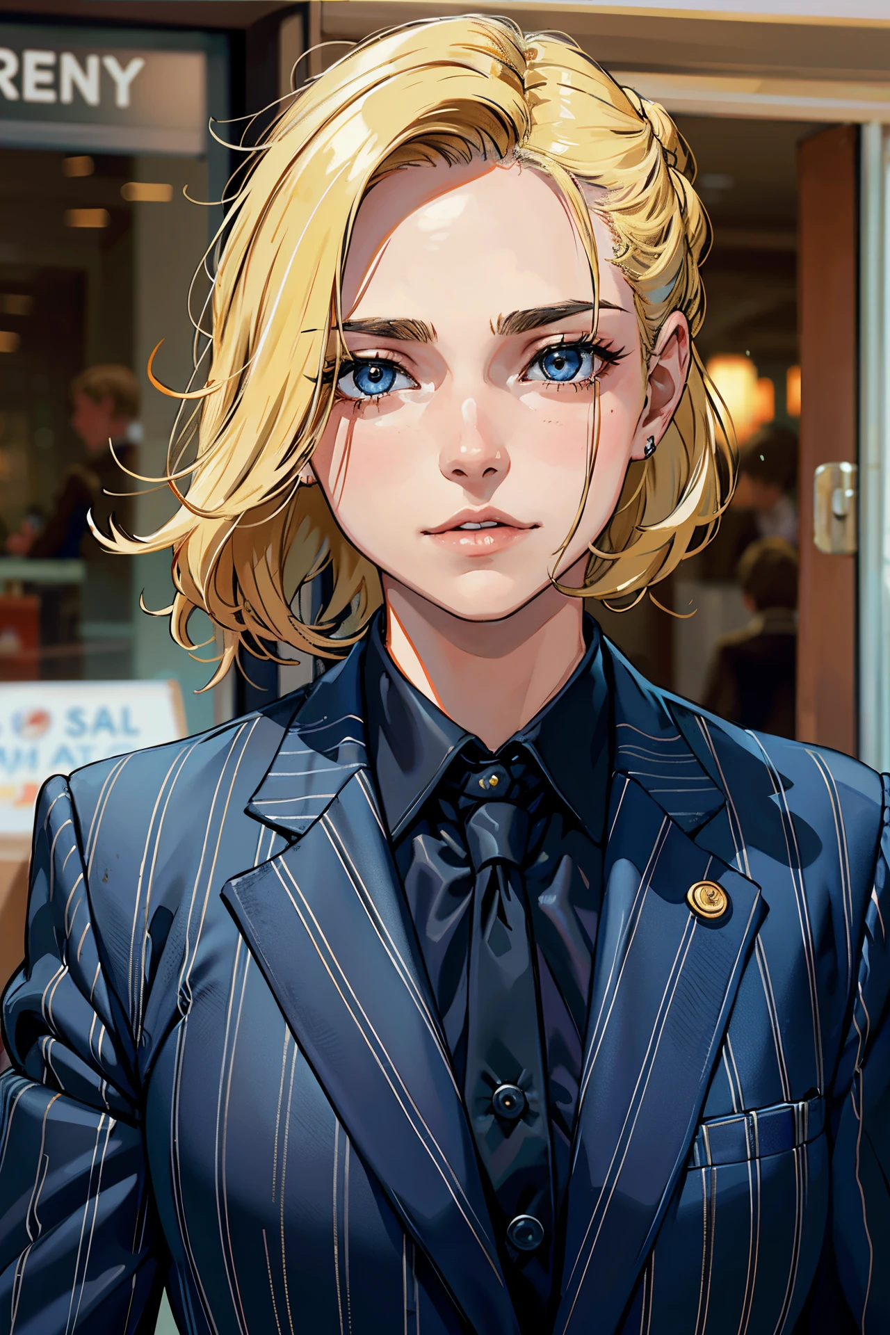 portrait of european girl,solo,20yo,beautiful face,uppser body,hair over one eye,medium sidecut, blonde hair, sharp focus,black business suit