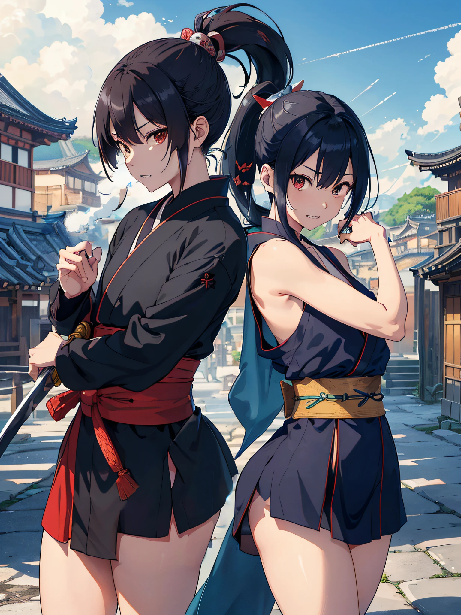 Curvaceous but slender、(top-quality、hight resolution、8K、masterpiece:1.2)。(1 kunoichi:I'm ready to take my little sword and join the fight.。She wears a flashy and colorful kimono.、A gentle breeze is blowing。 With smiling eyes、i'I'm quietly waiting for the moment to draw my sword.。Wacky costumes、shoot a slash、Depiction in motion、extraordinary aura、poneyTail、well-muscled、double tooth、canine teeth、Original Character、)。Scenery from the end of the Edo period with Ehime Castle in the distance。Use this prompt to、do the following、moment of extraction、Edo、Please hold your sword in a cool manner before drawing it..。shuriken、kunai、smokescreen、Makibishi、Wacky hair、disheveled hair、Ponite、