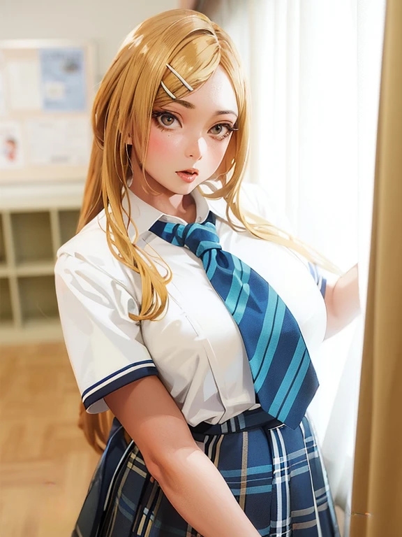 masterpiece, well-detailed, intricate details, good proportions,  (a woman,Japanese school uniform,blonde hair),(a woman in a school uniform with a tie,a woman in a school uniform with a skirt),(wearing a tie),(wearing a skirt),classic,stylish, vibrant colors,high contrast lighting,detailed facial features, Japanese classroom,clean and neat background